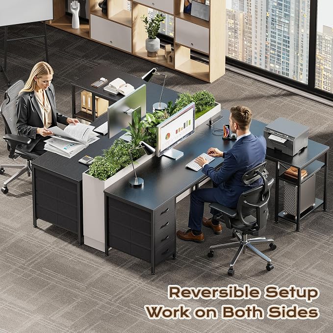 Huuger 55 Inch L Shaped Desk with Fabric Drawers, Reversible Computer Gaming Desk with Power Outlets and USB-C Port, Adjustable Side Storage Shelves, for Work Study Corner Home Office, Black