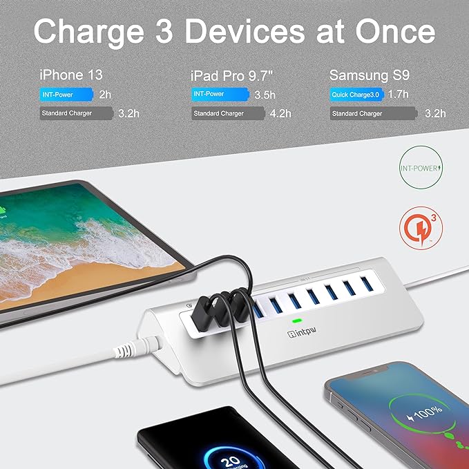Powered USB Hub 10Gbps, 10 Port USB 3.2 Gen 2 Hub with 7 USB 3.2 Data Ports, 3 Fast Charging Ports, 36W Power Adapter, Type A and Type C Cable, Aluminum USB Hub for Laptop, Mac, PC