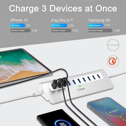 Powered USB Hub 10Gbps, 10 Port USB 3.2 Gen 2 Hub with 7 USB 3.2 Data Ports, 3 Fast Charging Ports, 36W Power Adapter, Type A and Type C Cable, Aluminum USB Hub for Laptop, Mac, PC