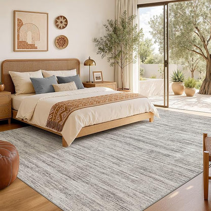 Nakagishi 7X9 Area Rugs Living Room: Washable Large Vintage Rug Neutral Non-Slip Soft Stain Resistant Indoor Carpet for Bedroom Nursery Dining Room Office Playroom - Grey