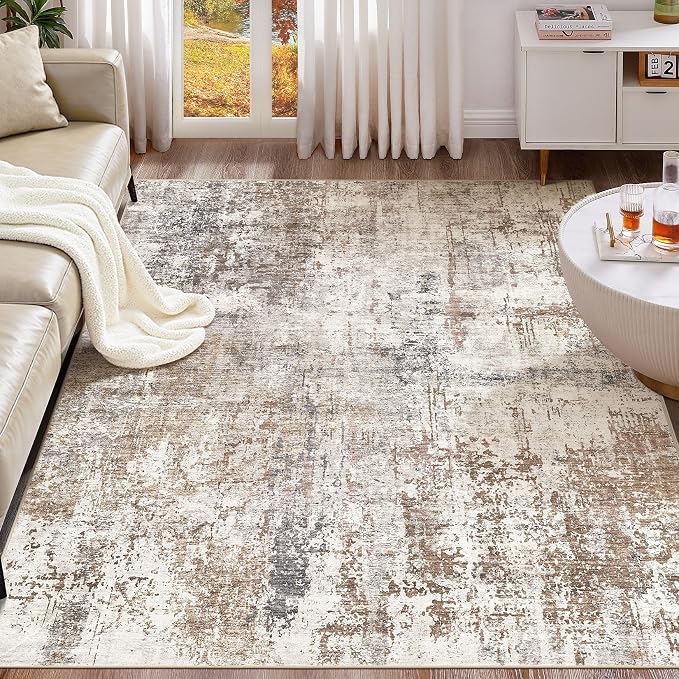 UERMEI Area Rug Living Room Rugs - Washable Neutral Modern Abstract Soft Thin Rug Indoor Floor No Slip Rug Carpet for Bedroom Under Dining Table Home Office Decor - Brown/Grey/Red - 9x12