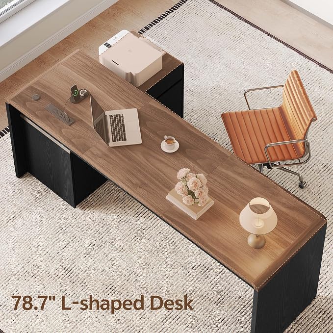 Mid-Century Modern 78" L-Shaped Executive Desk with Independent Mobile File Cabinet, Large Home Office Desk with Drawers and 4 AC + 2 USB Power Outlets, Waterfall Edge Design, Black