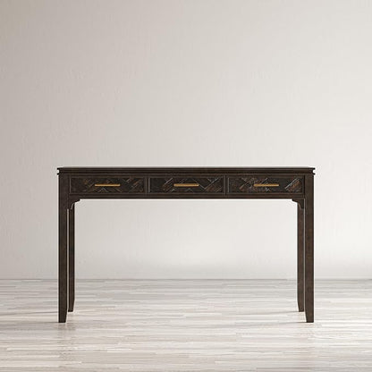 Jofran Mid-Century Modern Acacia Wood Writing Desk with 3 Drawers and USB Charging Port, 48 Inch Computer Desk for Home Office Work, Dark Chevron