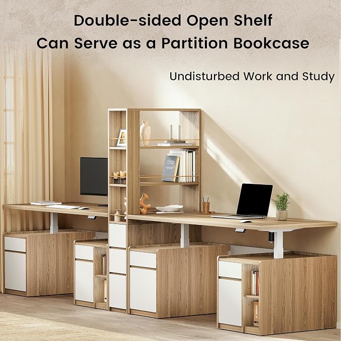 ModernMate Furniture Set, 70.8'' Executive Standing Desk with 71'' Tall Bookcase, AC/USB, File Cabinet, Double-Sided Narrow Display Shelves, Home Office Wood Storage Furniture, Light Walnut