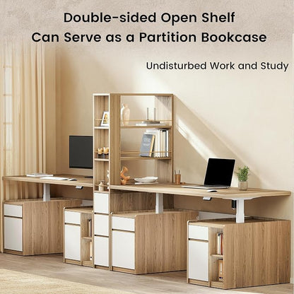 ModernMate Furniture Set, 70.8'' Executive Standing Desk with 71'' Tall Bookcase, AC/USB, File Cabinet, Double-Sided Narrow Display Shelves, Home Office Wood Storage Furniture, Light Walnut