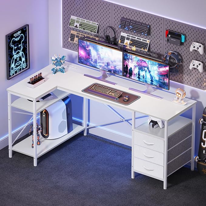 Huuger L Shaped Office Desk with Power Outlets, 55 Inch Computer Desk with 3 Drawers, Shelves, Reverisble for Gaming Corner Work Home Office Study, White