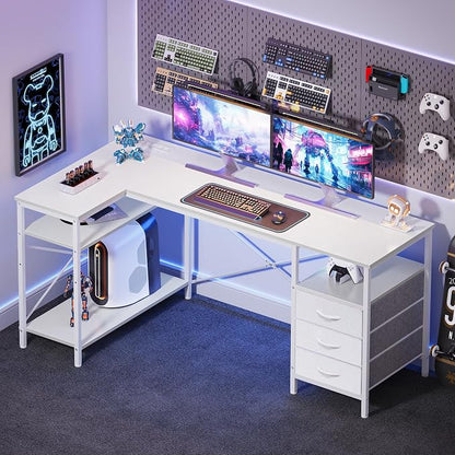 Huuger L Shaped Office Desk with Power Outlets, 55 Inch Computer Desk with 3 Drawers, Shelves, Reverisble for Gaming Corner Work Home Office Study, White