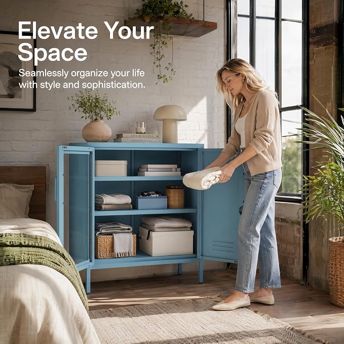 29.5" Wide Blue Metal Storage Cabinet with Lock and Ventilated Doors, 2 Adjustable Shelves, Heavy Duty Home Metal Accent Locker for Kitchen Office Living Room Hallway
