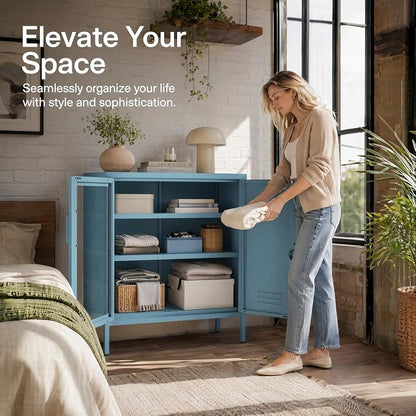 29.5" Wide Blue Metal Storage Cabinet with Lock and Ventilated Doors, 2 Adjustable Shelves, Heavy Duty Home Metal Accent Locker for Kitchen Office Living Room Hallway