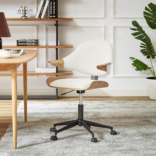 Art Leon Swivel Desk Chairs, Set of 2, Mid Century Modern Office Chairs with Wheels, Boucle Fabric Upholstered Armchairs, Adjustable Height Task Chairs with Metal Base, Washed Oak Bentwood, White