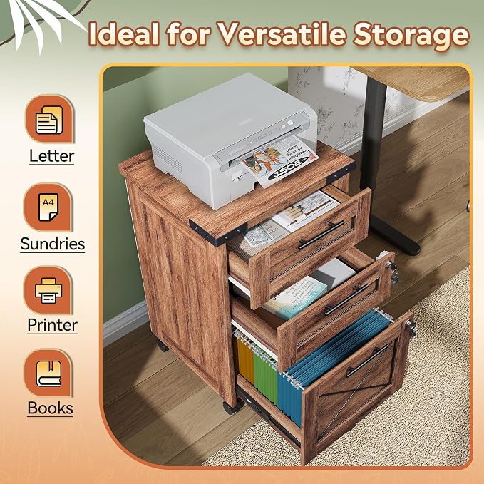 DEVAISE 3-Drawer File Cabinet with Hanging Files, Mobile Rolling Storage Cabinet for Home Office, Printer Stand, Farmhouse Style, Oak