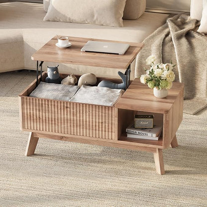 Wood Lift Top Coffee Table with Hidden Compartment and Large Storage Shelf, Lift Tabletop Dining Center Table for Home Living Room Office, Natural