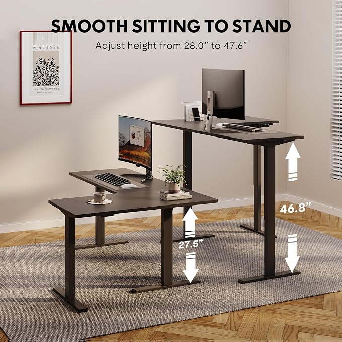 SANODESK Electric Height Adjustable 3-Leg L Shaped Standing Desk Frame, Support up to 220lbs, Sit Stand Ergonomic L Desk Frame Only, Black