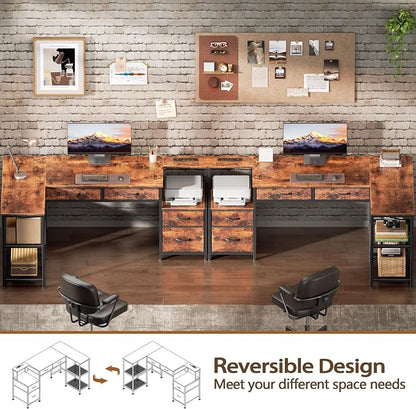 Korfile 57 Inch L Shaped Computer Desk with Power Outlets, Reversible Home Office Desk with 4 Fabric Drawers & 2 Adjustable Mesh Shelves, Corner Study Work Desk with Larger Storage, Rustic Brown