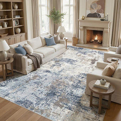 UERMEI 10x14 Area Rug Living Room Rugs - Washable Neutral Modern Abstract Soft Thin Large Rug Indoor Floor No Slip Rug Carpet for Bedroom Under Dining Table Home Office Decor - Denim Blue