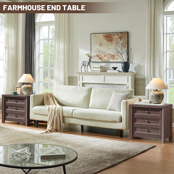 Farmhouse Walnut Nightstand, Large Nightstand with 3 Drawers, Wood Night Stand for Bedroom, Modern End Table for Living Room Closet, 26.7” Wide with Metal Knobs