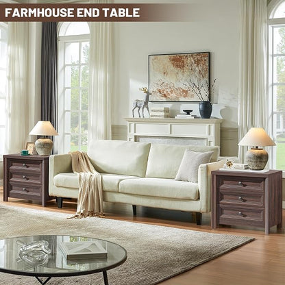 Walnut Nightstands Set of 2, Farmhouse Wood Night Stand with 3 Drawers and Metal Knobs, 24.8” Tall Bedside Table with Storage, Rustic End Table for Living Room Bedroom Side Table Home Office