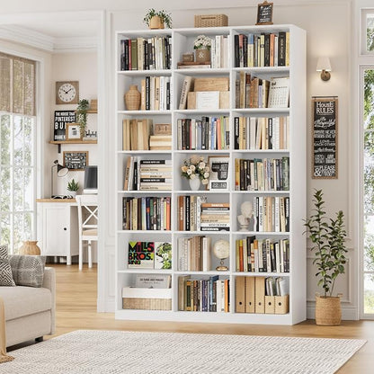 HOSTACK 86" H Triple Wide Bookshelf and Bookcase, 7 Tier Tall Bookshelf with Storage, Large Bookcase with 21 Open Display Storage Shelves, Wood Book Shelf Media CD DVD Storage for Living Room, White