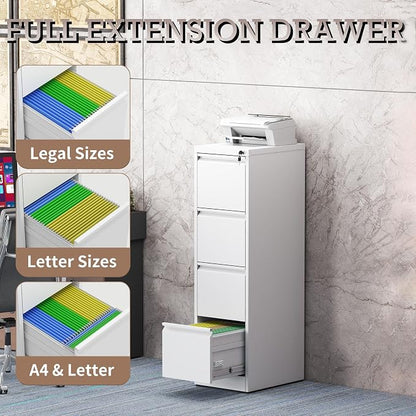 File Cabinet, 4 Drawer File Cabinet with Lock, Steel Vertical Filing Cabinets for Home Office, Heavy Duty File Storage Cabinet for Legal/Letter/A4 Documents, Easy to Assemble, White