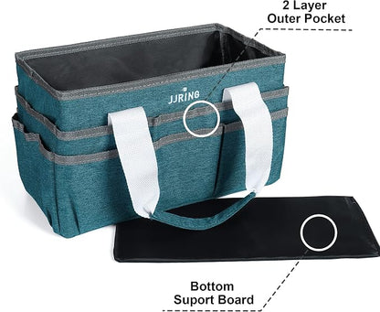 JJRING Craft Organizer Tote Bag for Art Storage, Caddy with Multiple Pockets, Bluish Green Sewing Bag for Scrapbooking, School, Medical, and Office Supplies