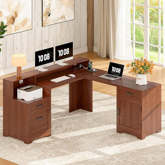 Whalefall 63'' Farmhouse L Shaped Desk with Monitor Stand Shelves, Brown | Corner Computer Desk with Drawers, Executive Home Office L Desk with File Cabinet Storage and Charging Station