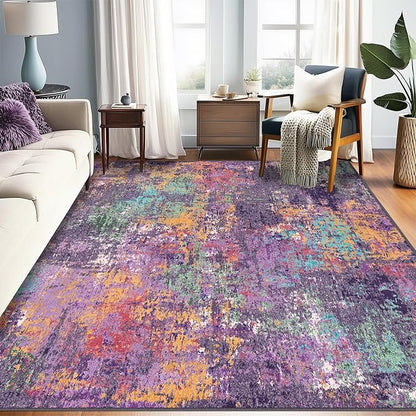 RELEANY Washable Area Rugs 7'x9' Non-Slip Modern Abstract Soft for Living Room Entryway Bedroom Kitchen, Print Pattern, Purple Orange Blue Green Rust Red Colorful