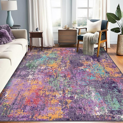 RELEANY Washable Area Rugs 8'x10' Non-Slip Modern Abstract Soft for Living Room Entryway Bedroom Kitchen, Print Pattern, Purple Orange Blue Green Rust Red Colorful