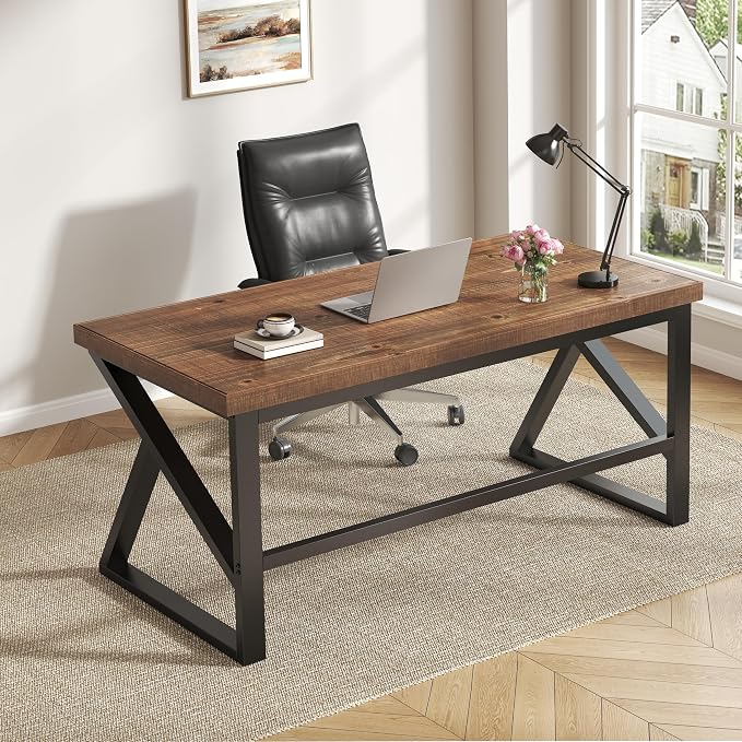 IBF Solid Real Wood 55 Inch Office Computer Desk, Rustic Writing Study Table for Student, Natural Wooden and Metal Gaming Home Office Desk, Rustic Industrial Executive Work Desk Workstation, Brown