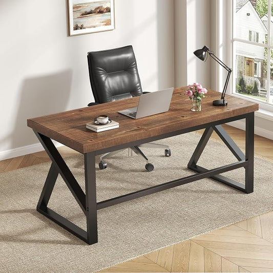 IBF Solid Real Wood 55 Inch Office Computer Desk, Rustic Writing Study Table for Student, Natural Wooden and Metal Gaming Home Office Desk, Rustic Industrial Executive Work Desk Workstation, Brown