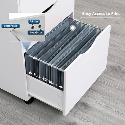 QDSSDECO 3 Drawer Mobile File Cabinet, Rolling Vertical Filing Cabinet fits A4, Legal Paper and Letter Paper for Home Office, White