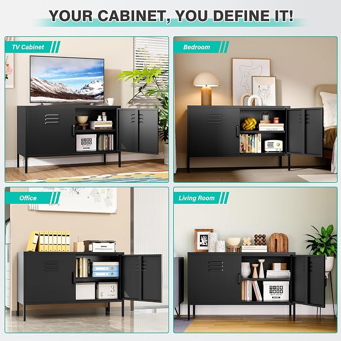 SISESOL Black Metal Storage Cabinet with Doors and Shelves,2 Door Wide Metal Locker Accent Storage Cabinet with Leg & Vent Hole,Wide TV Cabinets,Low Side Cupboard for Home,Office,Dining/Living Room