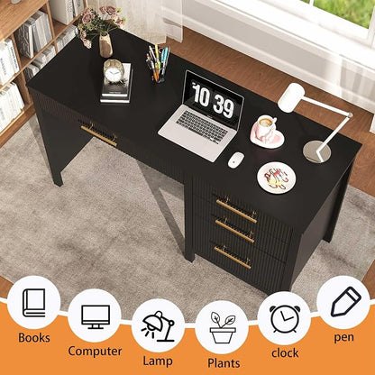 Black Executive Desk with Drawers: 54" Wood Computer Desk with File Drawer, Modern Home Office Desks with Storage, Fluted Writing Desks for Working, Studying (Black, 54")
