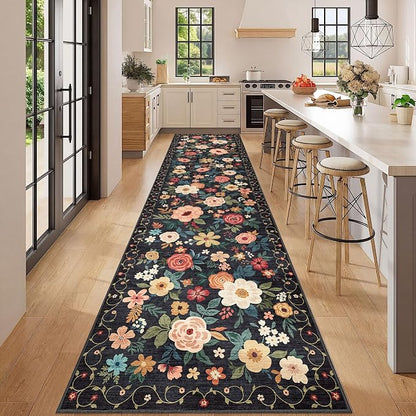 DUKINO 3x12 Washable Runner Rug, Non Slip Soft Floral Hallway Runner Rug with Non Shedding Design, Low Pile Long Floor Carpet for Kitchen, Hallway, Bathroom, Entryway, Laundry, Black
