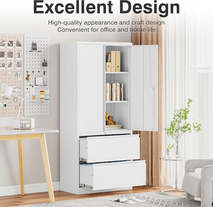 SISESOL Storage Cabinet Metal Display Cabinet with Glass Doors, 71in H x 31.5in W x 15.7in D, White, Kitchen Pantry Cabinet for Home Office, Bathroom, Bedroom, Living Room