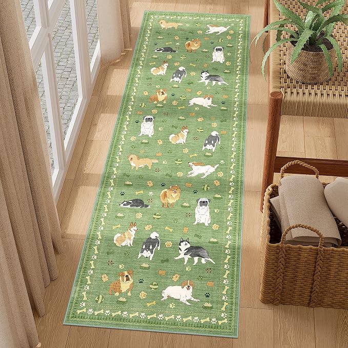 DUKINO 2x6 Washable Runner Rug for Hallway, Non Slip Animal Dog Kitchen Rug with Low Pile Design, Ultra Soft & Stain Resistant Indoor Carpert Runner for Entryway, Bedroom, Laundry, Bathroom, Green
