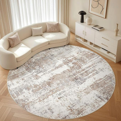 LOONGRUG Round Rug Living Room Rugs: 8Ft Washable Circle Large Abstract Modern Soft Stain Resistant Non Slip Indoor Floor Carpet for Bedroom Nursery Office Dining Room Dorm Home House Decor- Brown