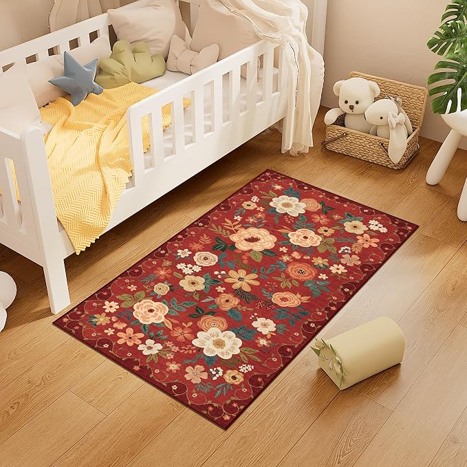 DUKINO 2x4 Rug for Entryway, Washable Kitchen Floral Runner Rug with Non Slip Backing, Low Pile Soft Boho Carpet for Kitchen, Hallway, Entryway, Laundry, Bedroom, Red