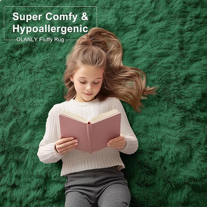 OLANLY Area Rugs for Living Room Bedroom, Machine Washable 4x5.9 ft Soft Fluffy Shaggy Bedside Rug, Indoor Floor Carpet for Kids Girls and Boys, Dorms, Nursery Rooms, Home Decor Aesthetic, Dark Green