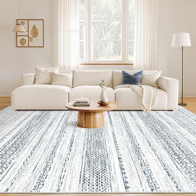 Nakagishi 6x9 Area Rugs Living Room: Washable Boho Large Neutral Soft Farmhouse Rug Stain Resistant Modern Indoor Floor Non-Slip Carpet for Bedroom Nursery Playroom Office Dining Room Dorm-White Blue