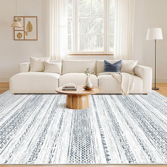Nakagishi 6x9 Area Rugs Living Room: Washable Boho Large Neutral Soft Farmhouse Rug Stain Resistant Modern Indoor Floor Non-Slip Carpet for Bedroom Nursery Playroom Office Dining Room Dorm-White Blue