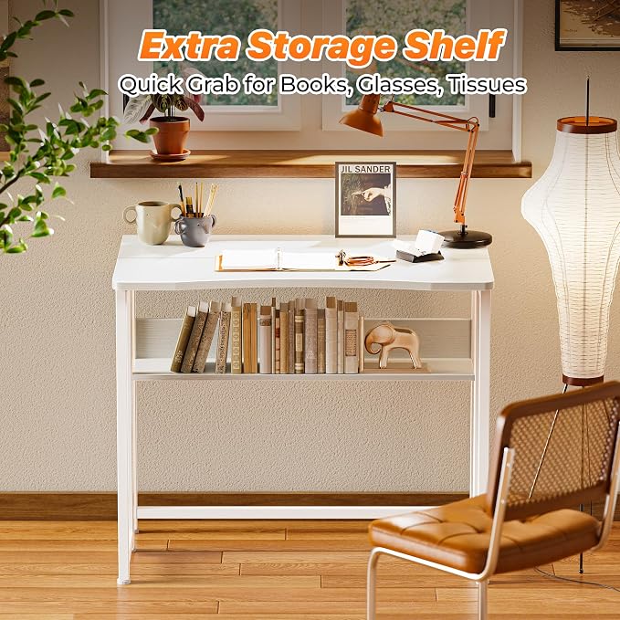 Huuger Folding Desk with Storage Shelf, 31.5 Inch Foldable Computer Table for Small Spaces, Space Saving Sofa Table for Couch, Writing Work Office Computer Desk, Easy to Fold, White