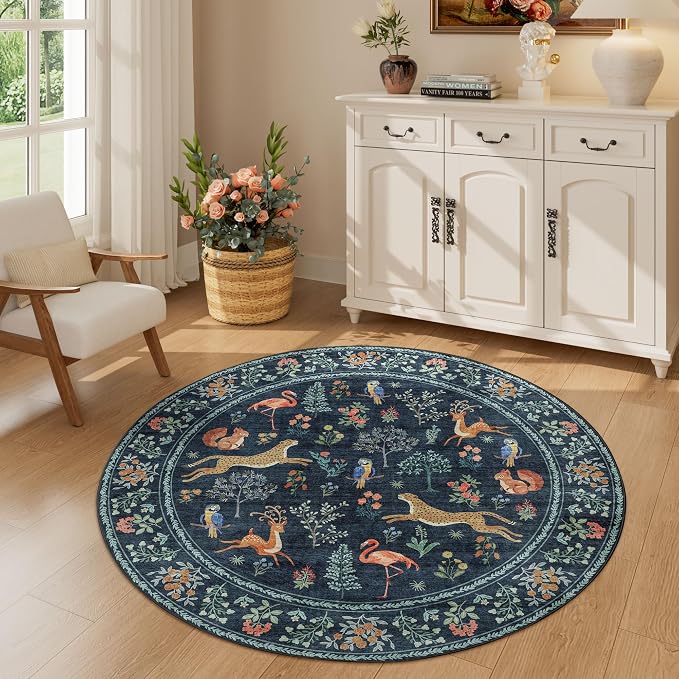 DUKINO 4ft Round Rug, Washable Round Area Rug, Non Slip Indoor Low Pile Animal Design, Soft Small Vintage Circle Carpet for Bedroom, Entryway, Living Room, Dining Room, Navy Blue