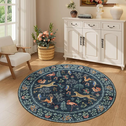 DUKINO 4ft Round Rug, Washable Round Area Rug, Non Slip Indoor Low Pile Animal Design, Soft Small Vintage Circle Carpet for Bedroom, Entryway, Living Room, Dining Room, Navy Blue