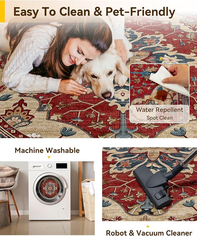 RELEANY Area Rugs Round 8ft Washable Non-Slip, Floral Vintage Distress Medallion Carpet for Living Room Bedroom Dining Room, Red Blue