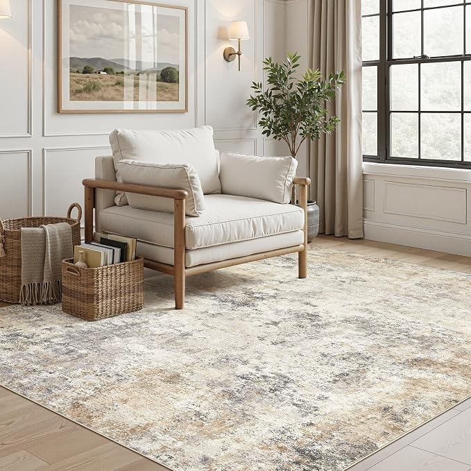 UERMEI 5x8 Area Rug Living Room Rugs - Washable Neutral Modern Abstract Soft Thin Large Rug Indoor Floor No Slip Rug Carpet for Bedroom Under Dining Table Home Office Decor - Golden Grey