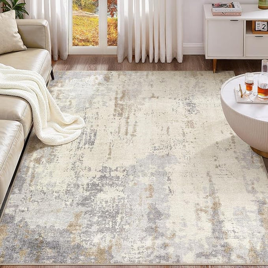 UERMEI 5x7 Area Rug Living Room Rugs - Washable Neutral Modern Abstract Soft Thin Rug Indoor Floor No Slip Rug Carpet for Bedroom Under Dining Table Home Office Decor - Light Brown/Gray