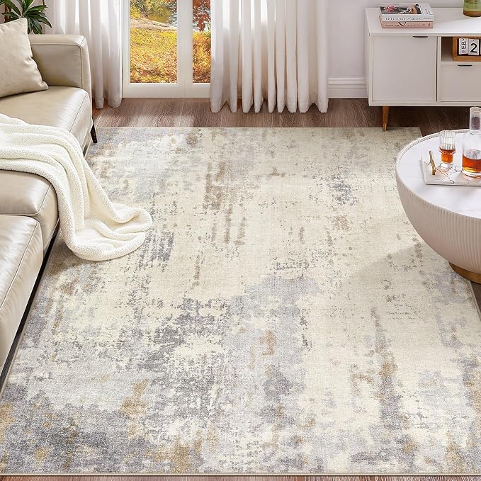 UERMEI 10x14 Washable Area Rug - Neutral Modern Abstract Living Room Rugs, Non-Slip Soft Large Indoor Floor Carpet for Bedroom Home Office & Under Dining Table Decor, Light Brown/Gray