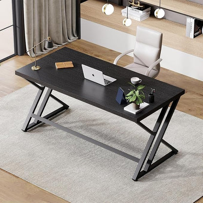 LVB Black Office Desk, Modern Writing Computer Desk for Home Office, Industrial Metal Wood Study Work PC Gaming Computer Table for Bedroom, Executive Student Workstation Desk, 47 Inch, Black Oak
