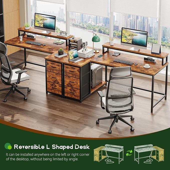 EnHomee 48" L-Shaped Computer Desk with 3 Drawers, 35.4" Monitor Riser, RGB LED Lights,3 AC outlets & 1 Type-C Charging Station, Reversible Corner Gaming Desk for Home Office, Study Room,Rustic Brown