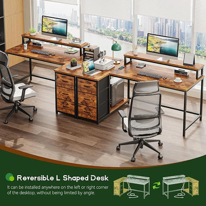 EnHomee 48" L-Shaped Computer Desk with 3 Drawers, 35.4" Monitor Riser, RGB LED Lights,3 AC outlets & 1 Type-C Charging Station, Reversible Corner Gaming Desk for Home Office, Study Room,Rustic Brown